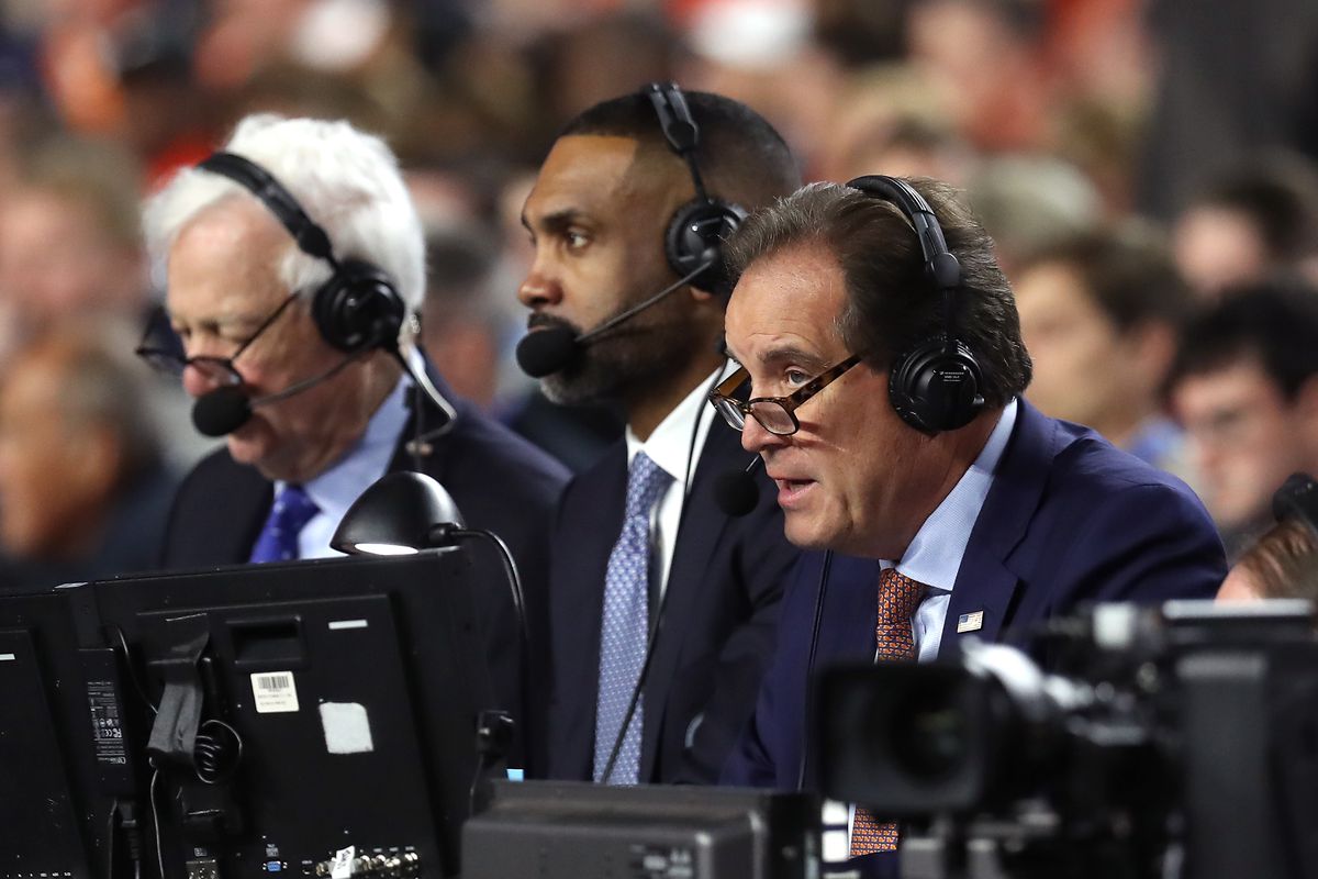 CBS commentators Bill Raftery, Grant Hill and Jim Nantz look on during the 2019 NCAA Final Four semifinal between the Auburn Tigers and the Virginia Cavaliers at U.S. Bank Stadium on April 6, 2019 in Minneapolis, Minnesota.