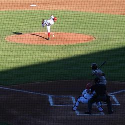 SONY DSC Owlz starting pitcher Yency Almonte throws the first pitch of the game on Saturday night.