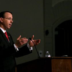 Deputy Attorney General Rod Rosenstein gives the keynote address at the 10th Annual Utah National Security and Anti-Terrorism Conference at the Sheraton in Salt Lake City, on Wednesday, Aug. 30, 2017.