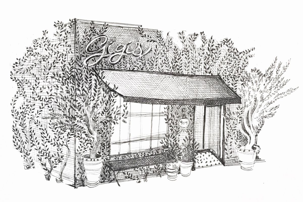 A drawing of a french bistro, with leafy exterior.