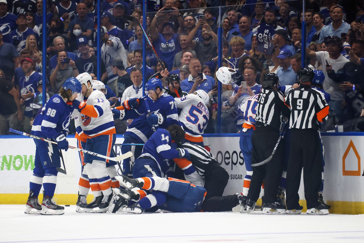 The Tampa Bay Lightning and the New York Islanders battle in Game Two of the Stanley Cup Semifinals during the 2021 Stanley Cup Playoffs at the Amalie Arena on June 15, 2021 in Tampa, Florida.