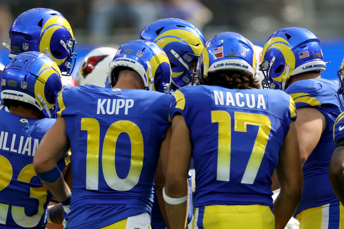 Cooper Kupp #10 and Puka Nacua #17 of the Los Angeles Rams in a huddle during a 26-9 win over the Arizona Cardinals at SoFi Stadium on October 15, 2023 in Inglewood, California.