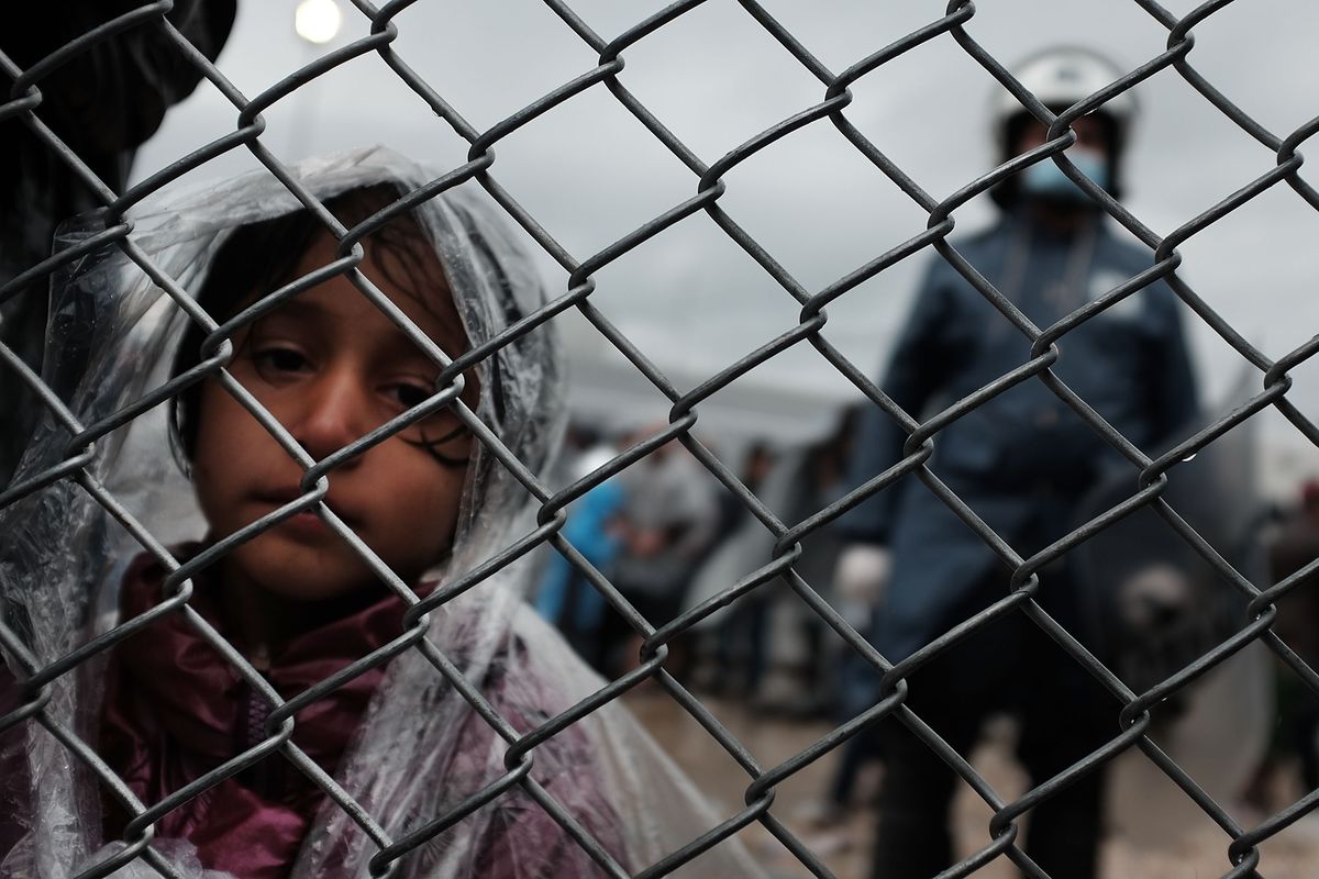 A child at the migrant processing center in Lesbos, Greece.