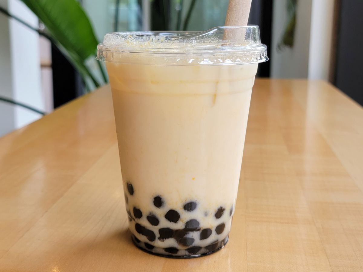 A cup of bubble tea on the counter of Tea Bar.
