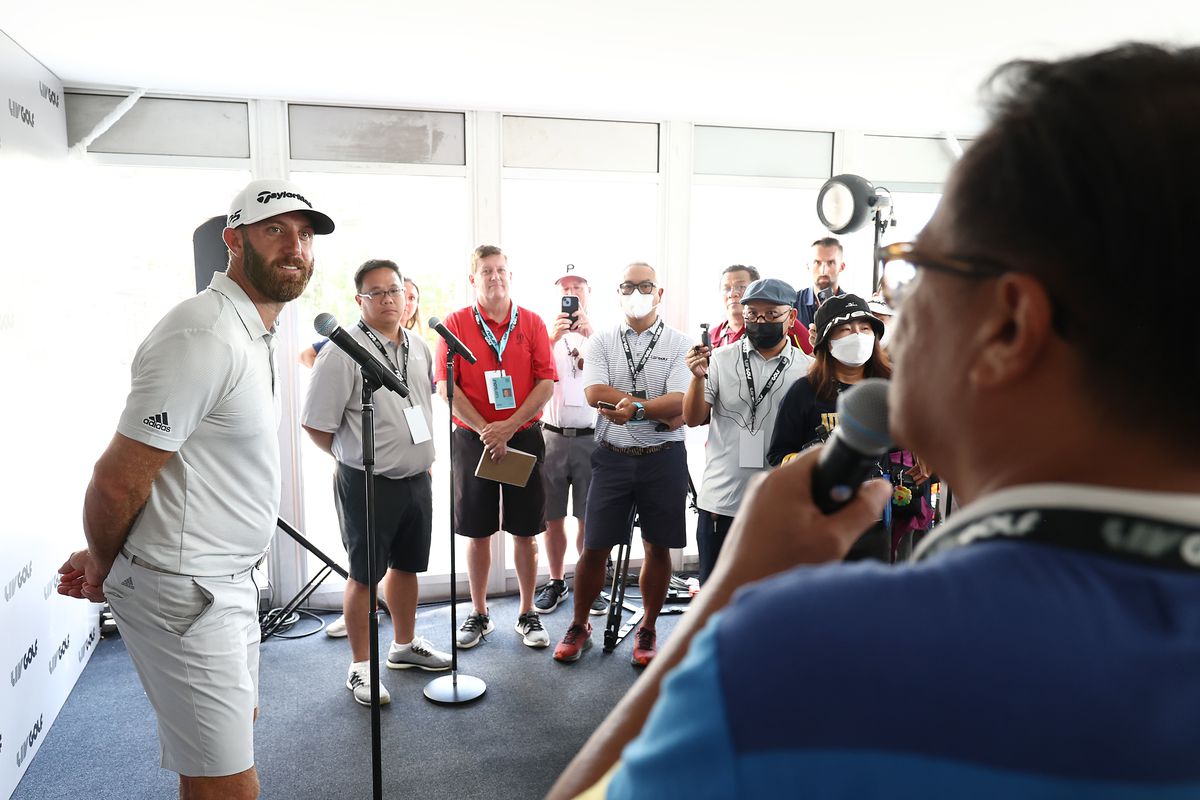 Team Captain Dustin Johnson of 4 Aces GC speaks to the media during a press conference during the pro-am prior to the LIV Golf Invitational - Bangkok at Stonehill Golf Course on October 06, 2022 in Pathum Thani, Thailand.