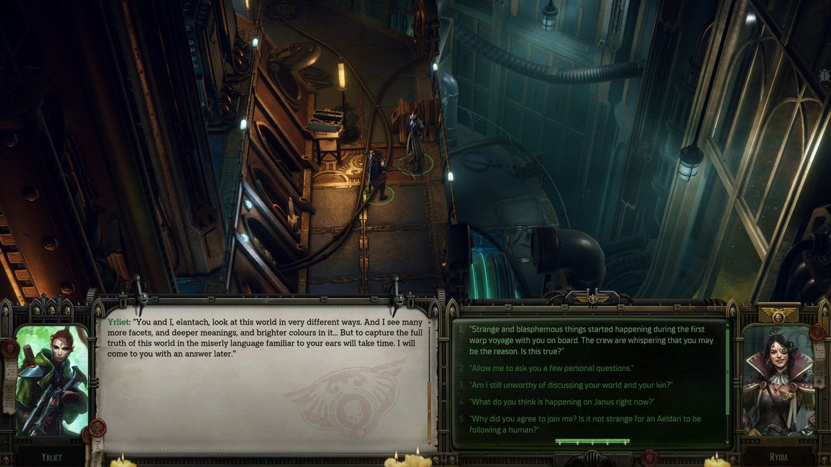 A Rogue Trader talks to and romances Yrliet in Warhammer 40K Rogue Trader.