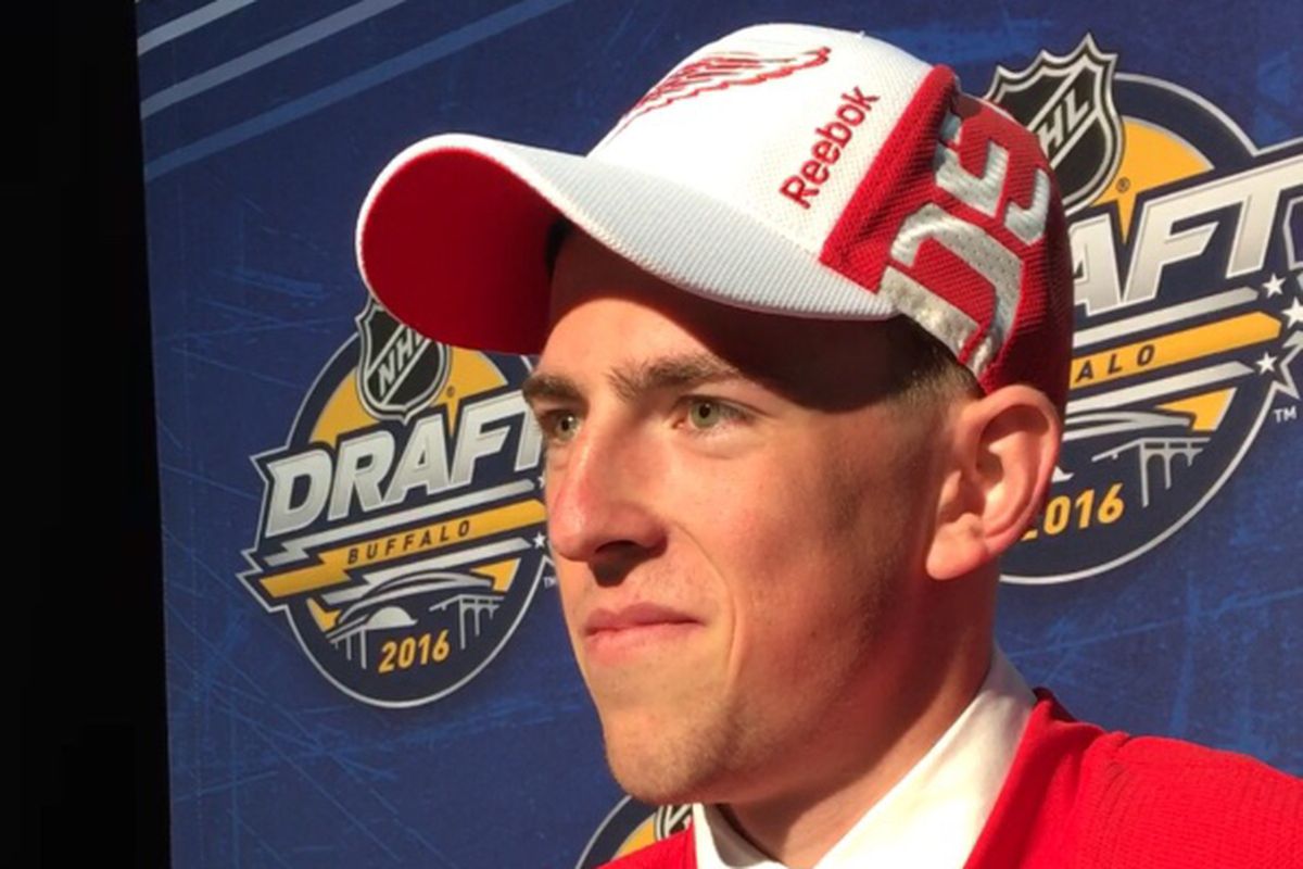 Red Wings' 53rd overall selection in the 2016 NHL Entry Draft, Filip Hronek, talks to the press after being drafted. 