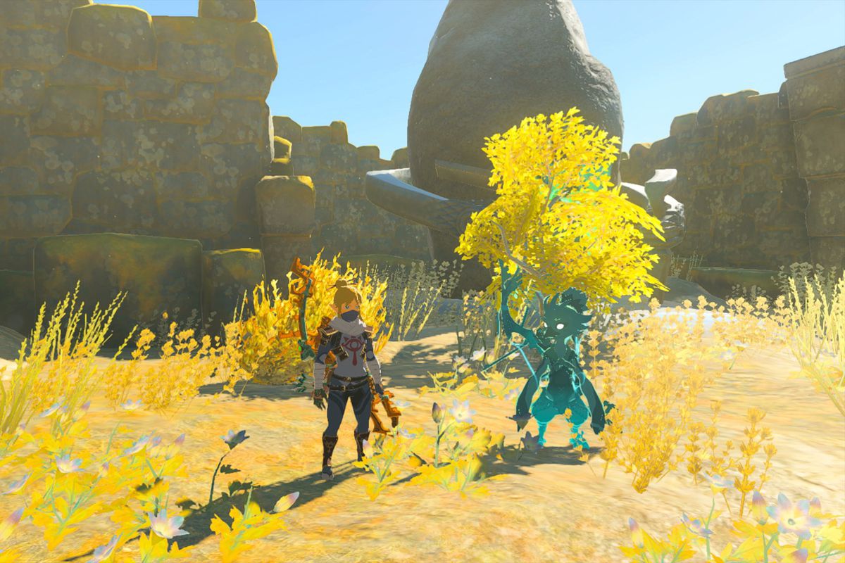 Link in the stealth armor stands on a bright and sunny sky island next to Tulin’s Sage, who takes on a ghostly appearance.