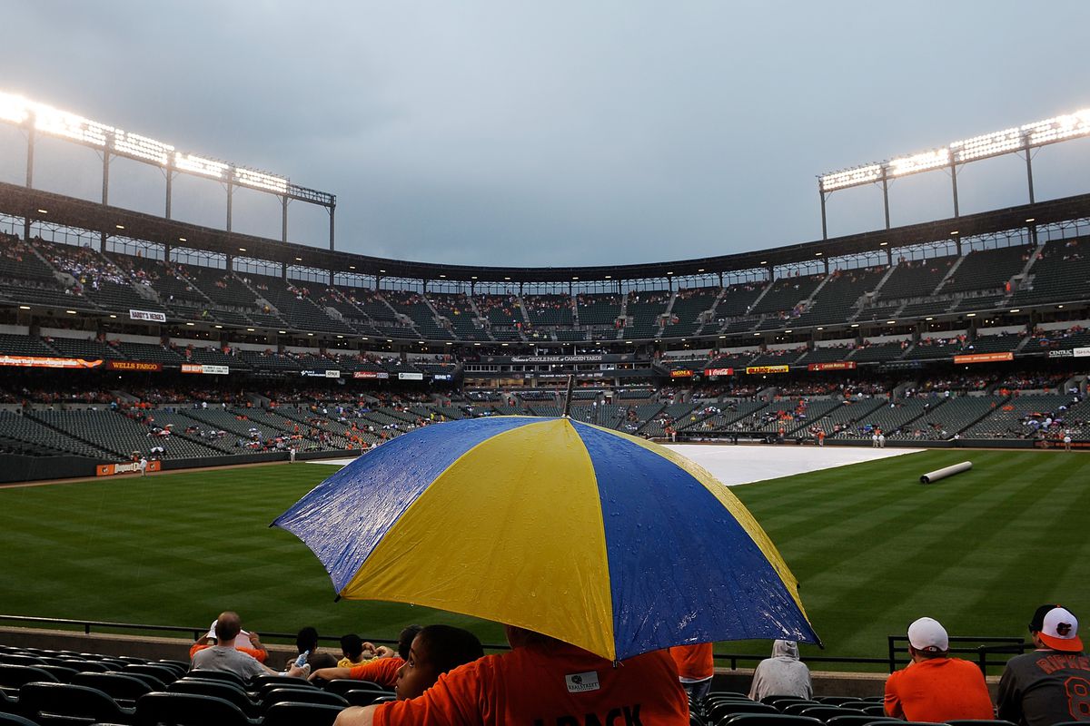 BALTIMORE, MD - AUGUST 26:  A game between the Toronto Blue Jays and Baltimore Orioles is delayed by rain at Oriole Park at Camden Yards on August 26, 2012 in Baltimore, Maryland.  (Photo by Patrick McDermott/Getty Images)