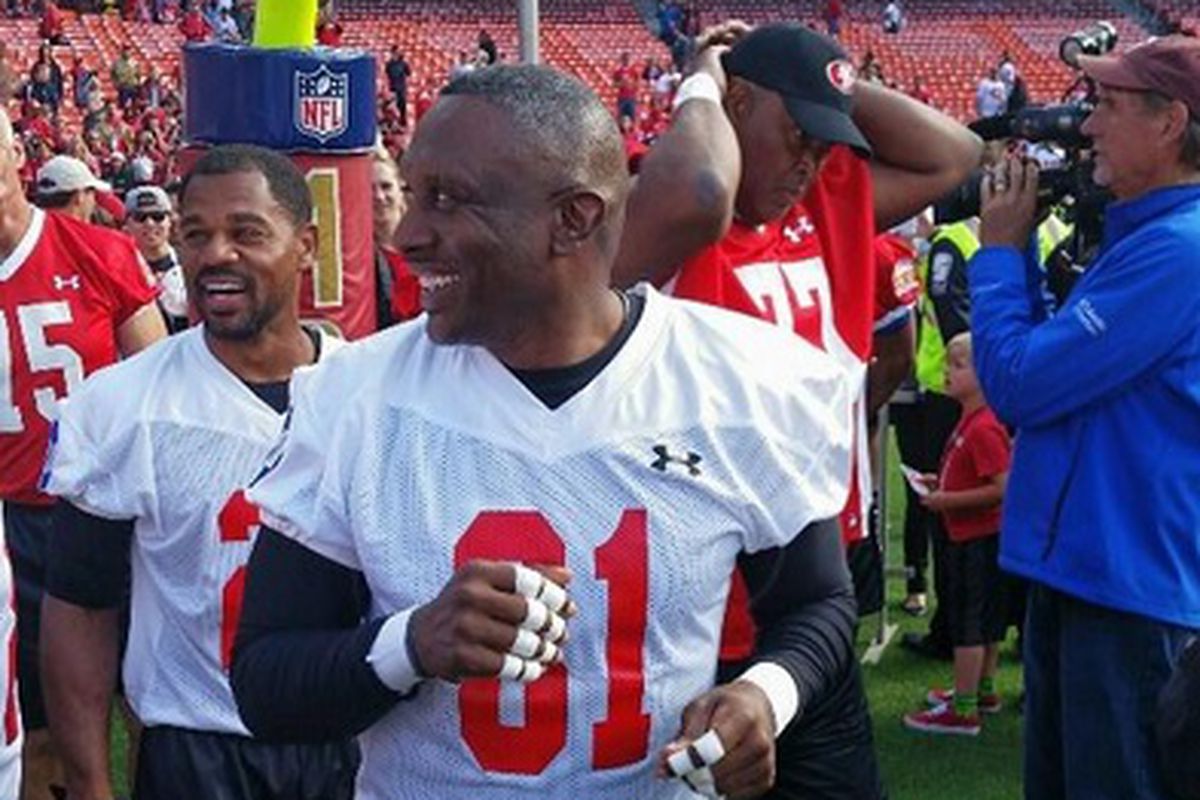 Tim Brown and Eric Allen prior to the Farewell to Candlestick charity flag football game