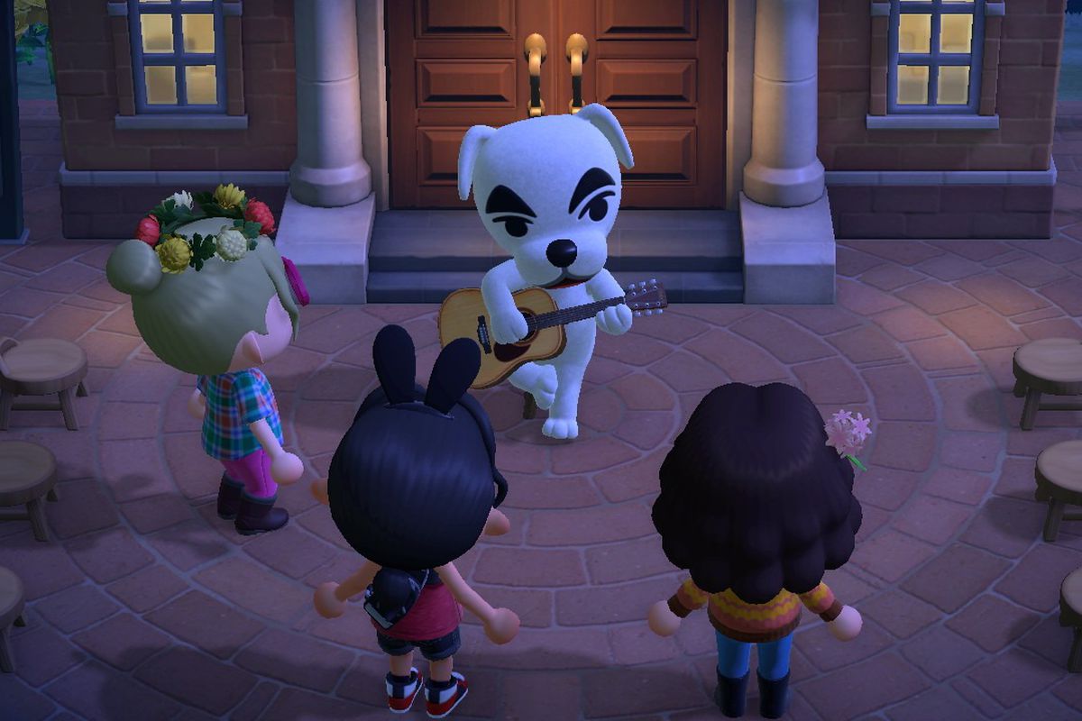 KK Slider, a white dog, performs a song in Animal Crossing: New Horizons