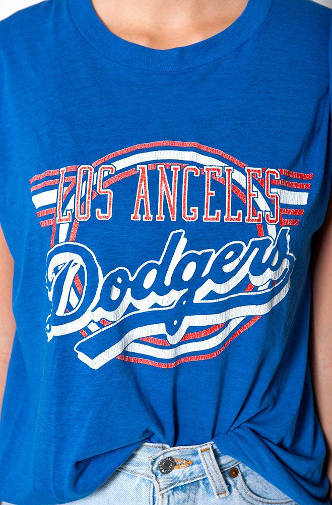 A blue vintage Los Angeles Dodges T-shirt worn on a model 