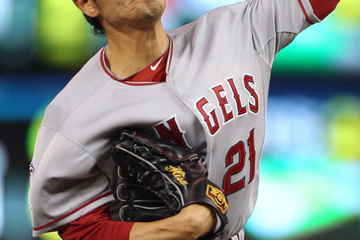 May 8, 2012; Minneapolis, MN, USA: Los Angeles Angels relief pitcher Hisanori Takahashi (21) delivers a pitch in the eighth inning against the Minnesota Twins at Target Field. The Twins won 5-0. Mandatory Credit: Jesse Johnson-US PRESSWIRE