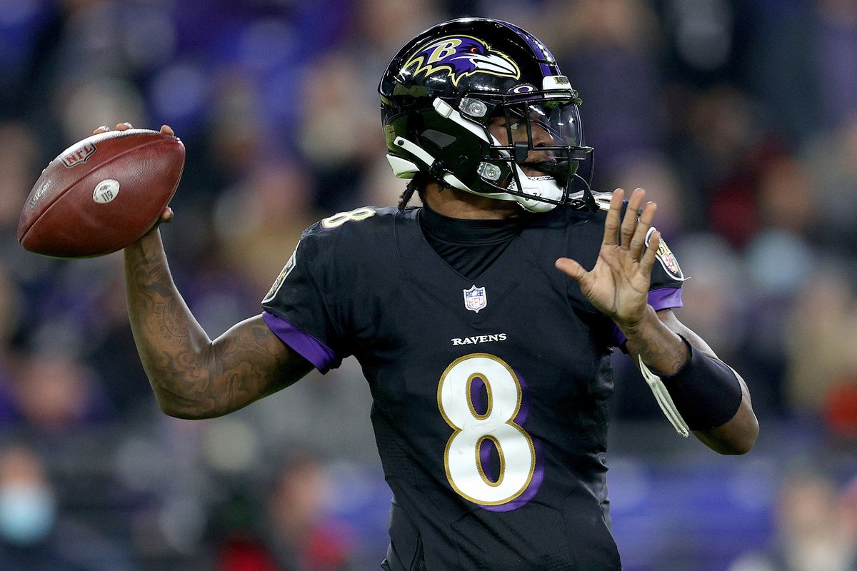Lamar Jackson #8 of the Baltimore Ravens passes during a game against the Cleveland Browns at M&amp;T Bank Stadium on November 28, 2021 in Baltimore, Maryland.