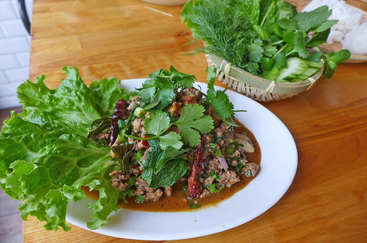 A plate of ground dark meat surmounted by lettuce and fresh herbs.