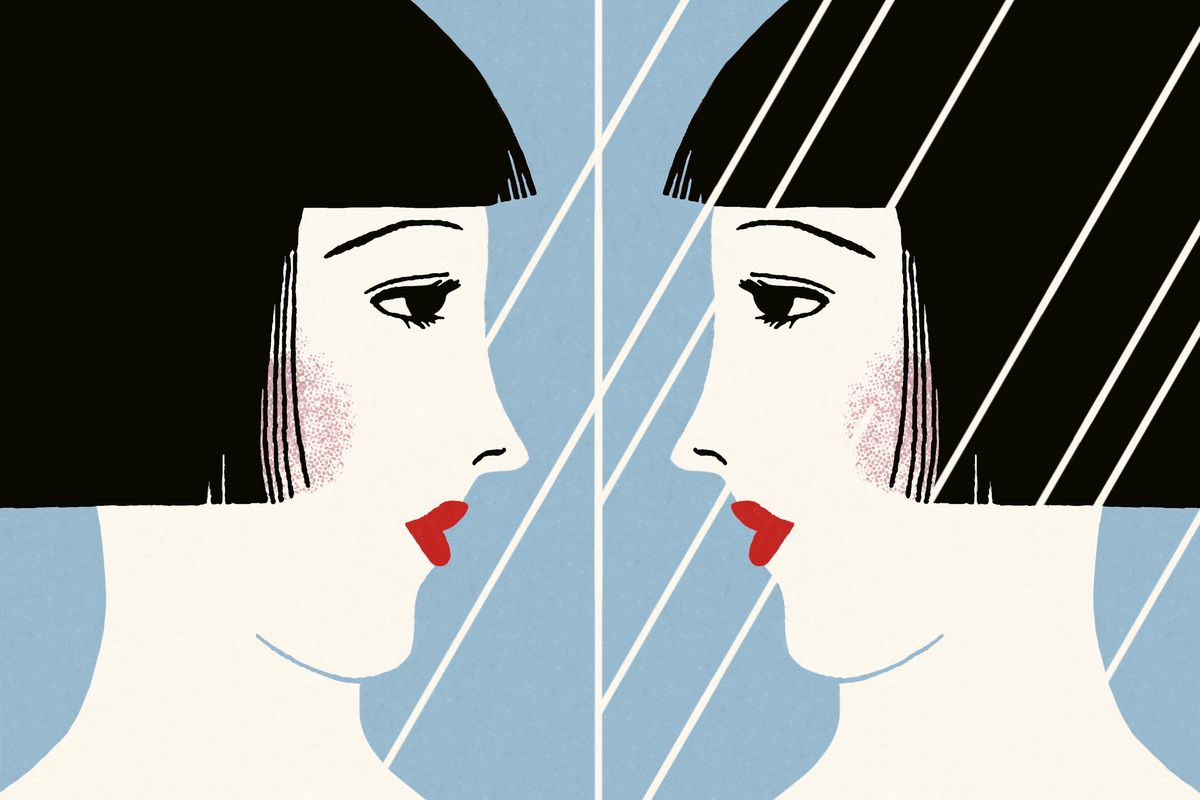 An illustration of a woman with a bob haircut and blunt bangs and red lipstick looking at her reflection in a mirror. 