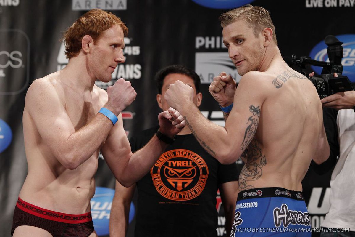 Mark Bocek (L) and John Alessio (R) will hook 'em up tonight (April 21, 2012) in a lightweight bout that will be featured on the UFC 145 PPV main card from the Philips Arena in Atlanta, Georgia. Photo by Esther Lin via MMAFighting.com.