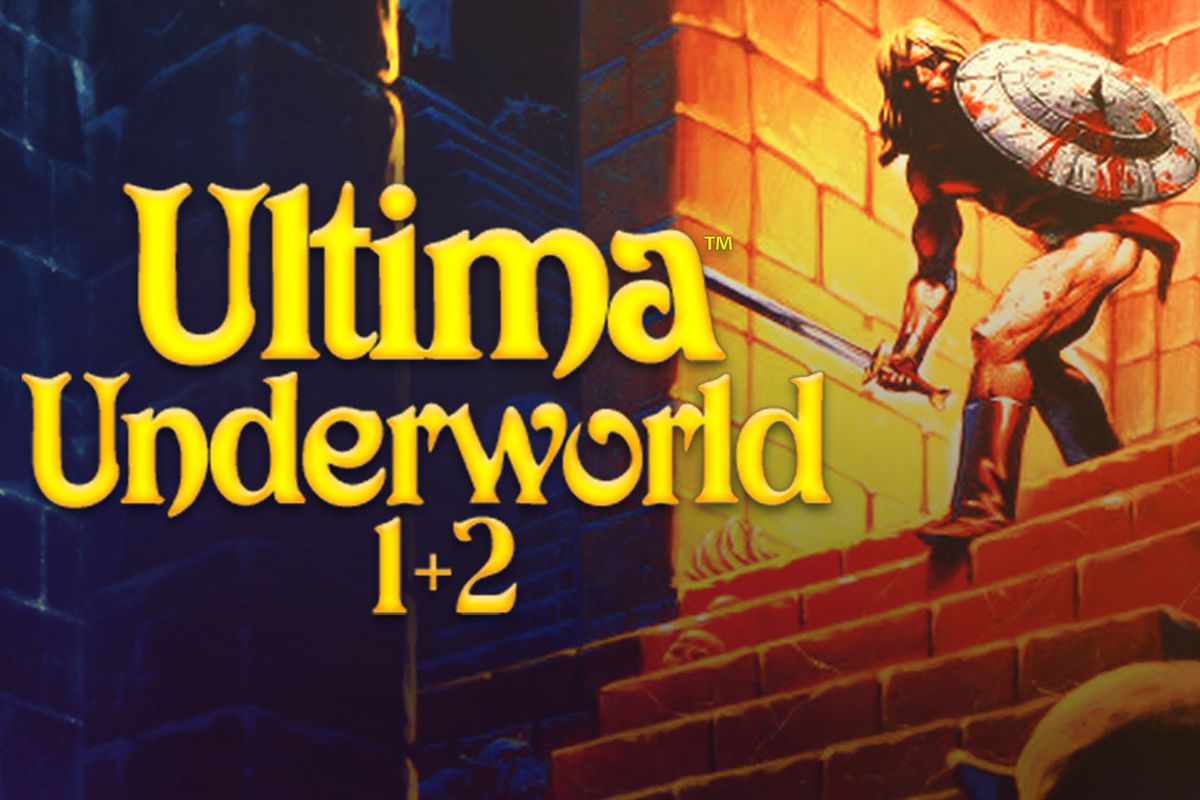 artwork for Ultima Underworld 1+2: a shirtless barbarian with sword and shield peers down a staircase into a dungeon below