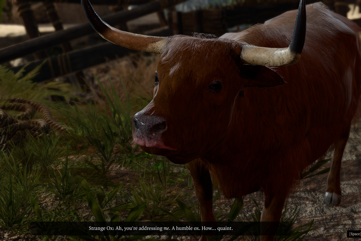 The Strange Ox, a large, orange beast with long horns, looks at the camera during a conversation in Baldur’s Gate 3