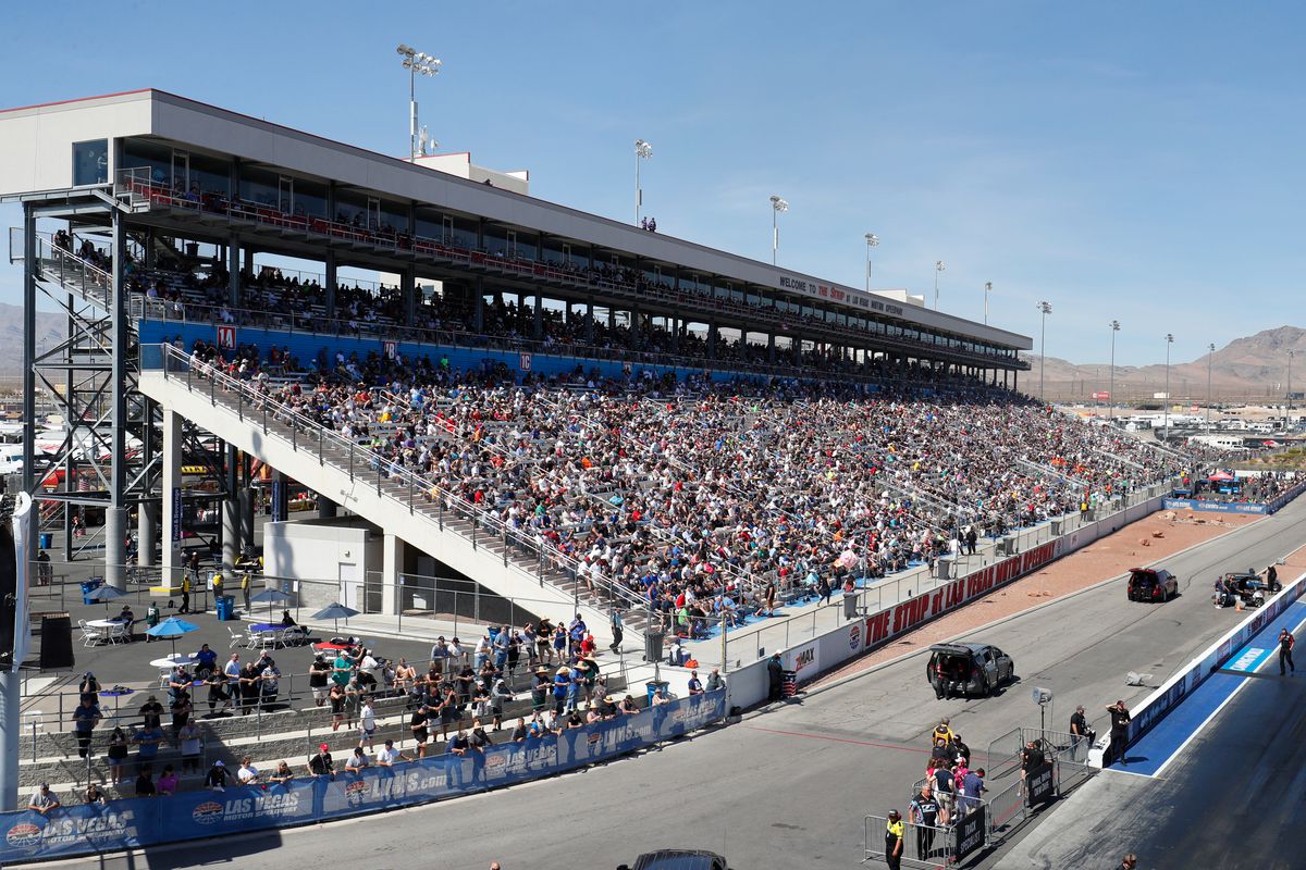 General view of fans in the grandstands during the NHRA Four-Wide Nationals on April 2, 2022 at The Strip at Las Vegas Motor Speedway in Las Vegas, Nevada.