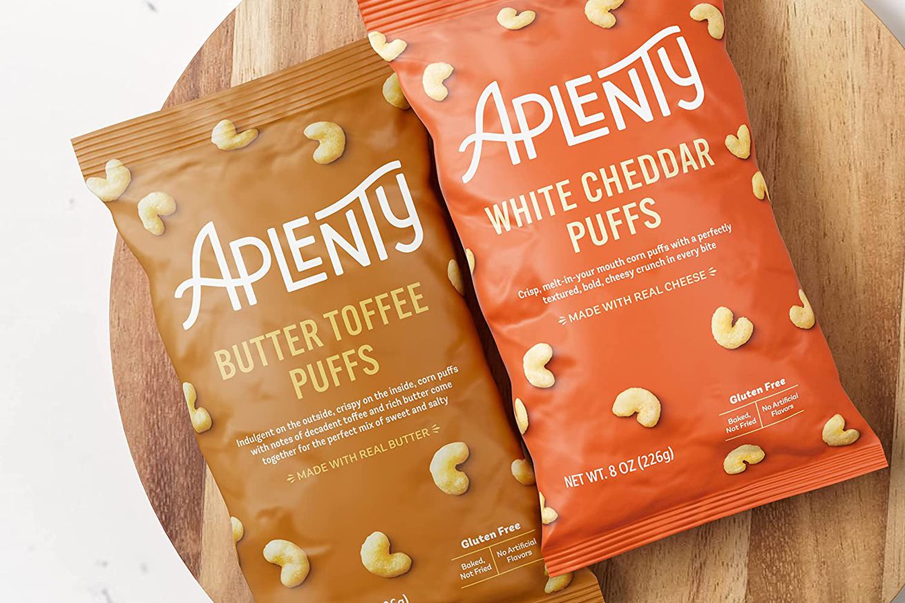 Stylized photo of two bags of Aplenty-brand puffs.