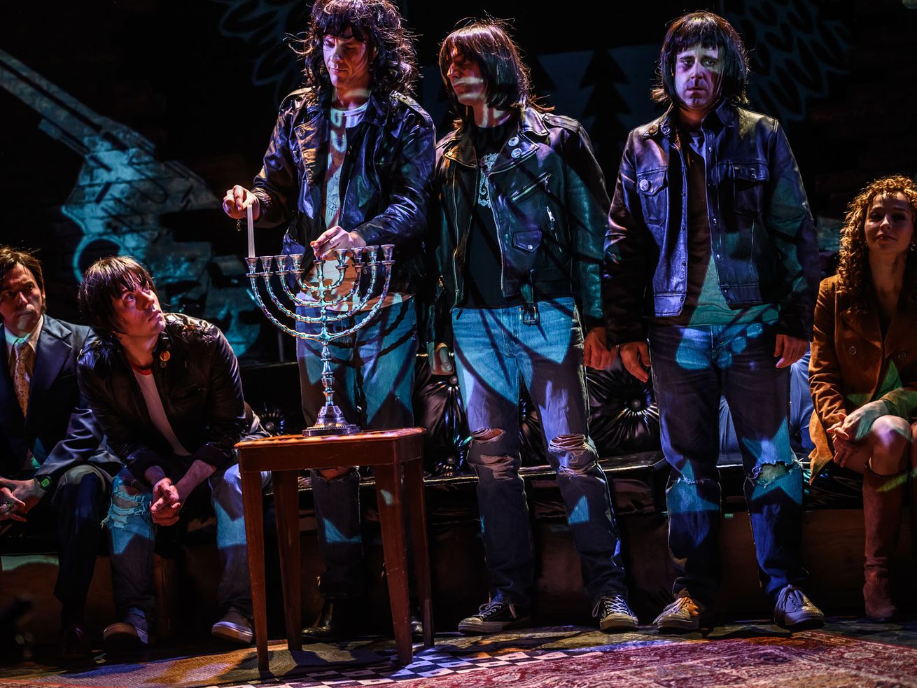 Ron Pederson (as Phil, from left), Paolo Santalucia (as Dee Dee), Justin Goodhand (as Joey), Cyrus Lane (as Johnny), James Smith (as Marky) and Vanessa Smythe (as Linda) in “Four Chords and a Gun.” 