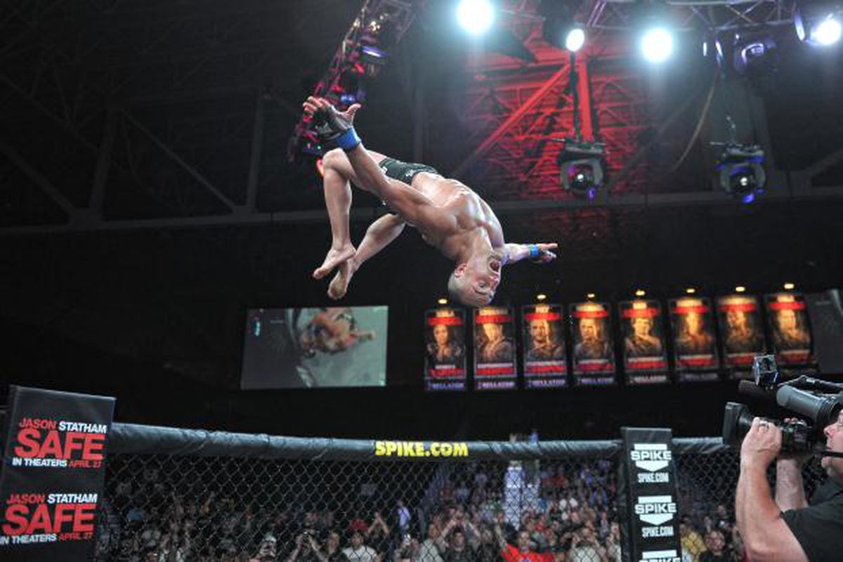 Former Bellator lightweight champion Eddie Alvarez celebrates with his patented back flip after knocking out rival Shinya Aoki in the main event of Bellator 66 last night. Photo via Bellator.