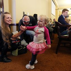 DelAnne Jessop Haslam tends her daughter, Preslee Haslam, while waiting to testify about HB154 at the Capitol in Salt Lake City on Monday, Feb. 13, 2017. She didn't have time to speak in the allotted time. Discussion on the bill was to continue Tuesday afternoon. The bill would would bar doctors from using telemedicine to remotely prescribe abortion-inducing medication.