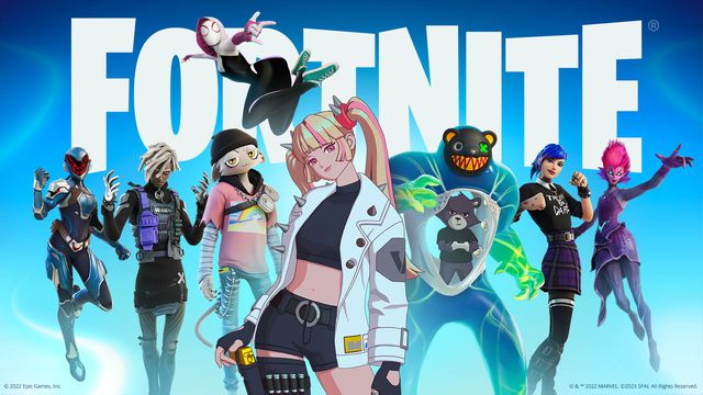 The new characters from Fortnite’s Chapter 3 Season 4 battle pass pose in front of the Fortnite logo