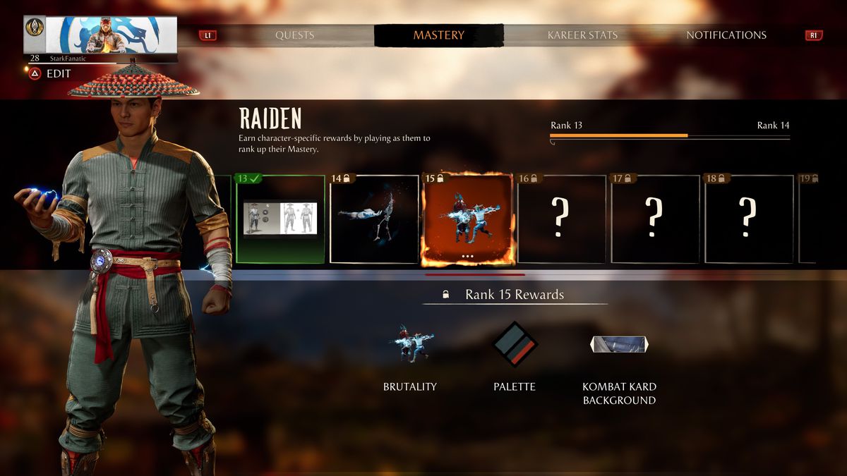 Raiden unlocks some new threads and Brutalities in the Mastery screen