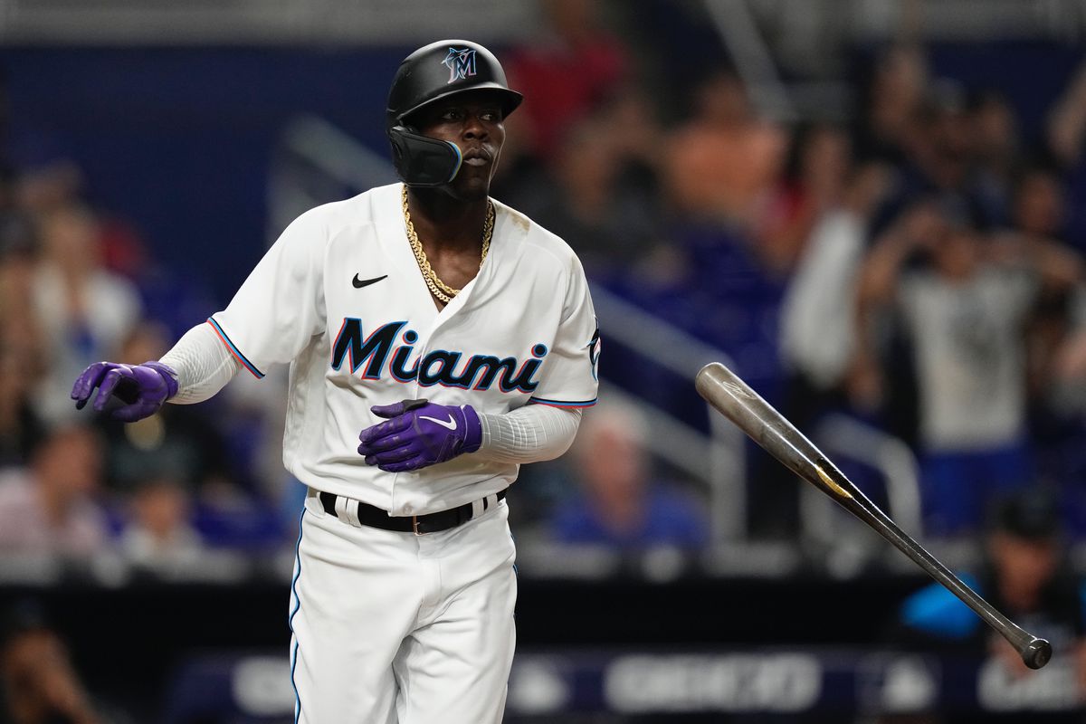 Miami Marlins second baseman Jazz Chisholm Jr. (2) flips his bat after hitting a two-run home-run in the 5th inning against the Washington Nationals at loanDepot park.