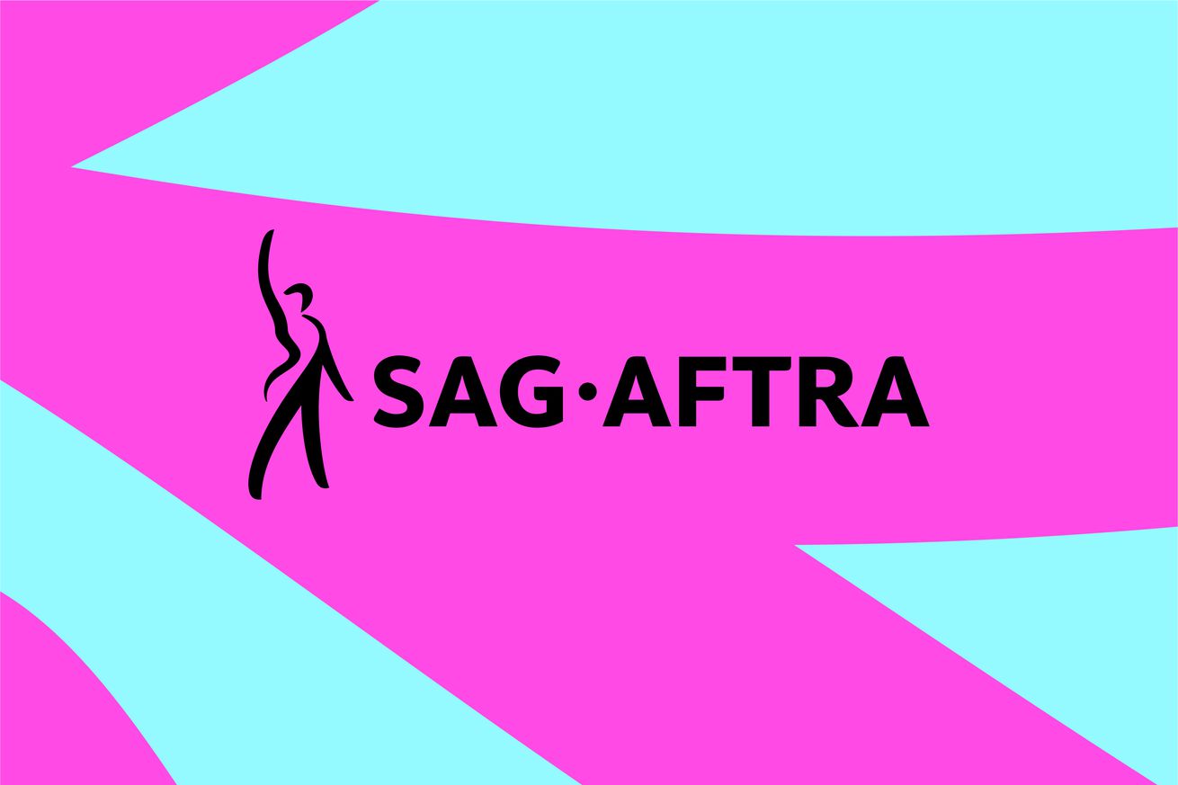 An image showing the SAG-AFTRA logo on a pink and blue background