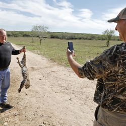 Hunter Lee Phillips, from Wheelersberg, Ohio, (left) is photographed with bobcats by Ty Detmer, on Detmer's T14 Ranch Thursday, Nov. 15, 2018, near Freer, Texas.
