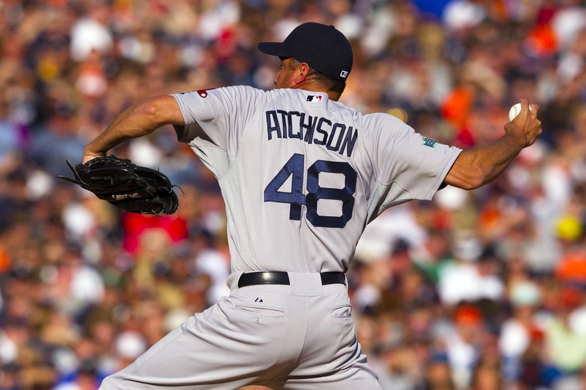 Boston Red Sox relief pitcher Scott Atchison pitches during the sixth inning against the Detroit Tigers at Comerica Park. Mandatory Credit: Rick Osentoski-US PRESSWIRE