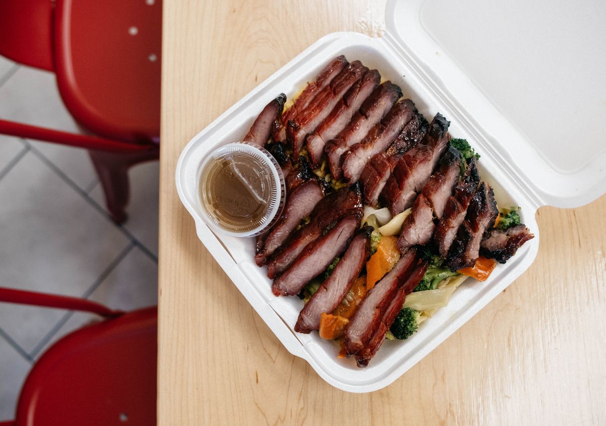 Barbecue pork in takeout container