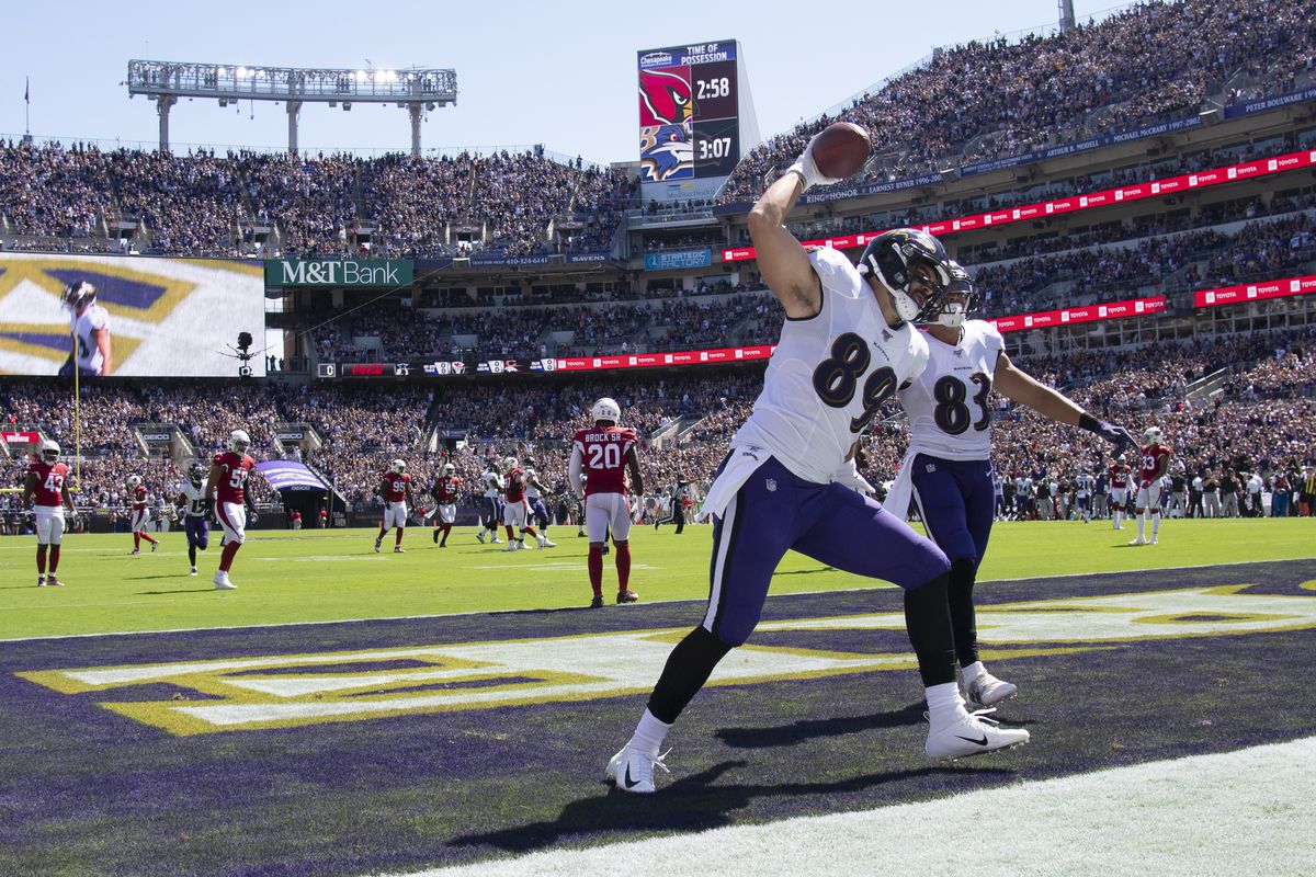 Baltimore Ravens tight end Mark Andrews spikes the ball after scoring a first quarter touchdown against the Arizona Cardinals at M&amp;T Bank Stadium.