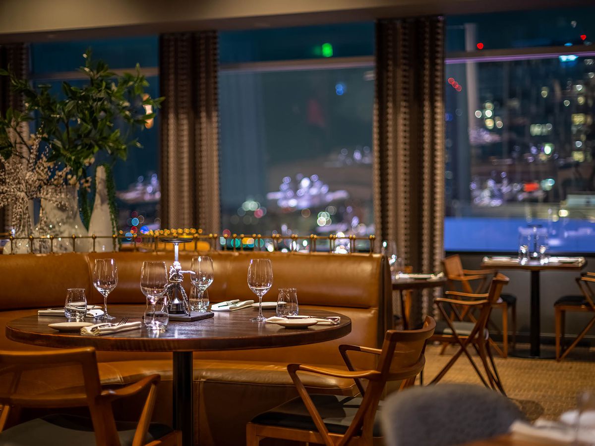 Leña restaurant in Downtown Los Angeles with floor to ceiling windows.