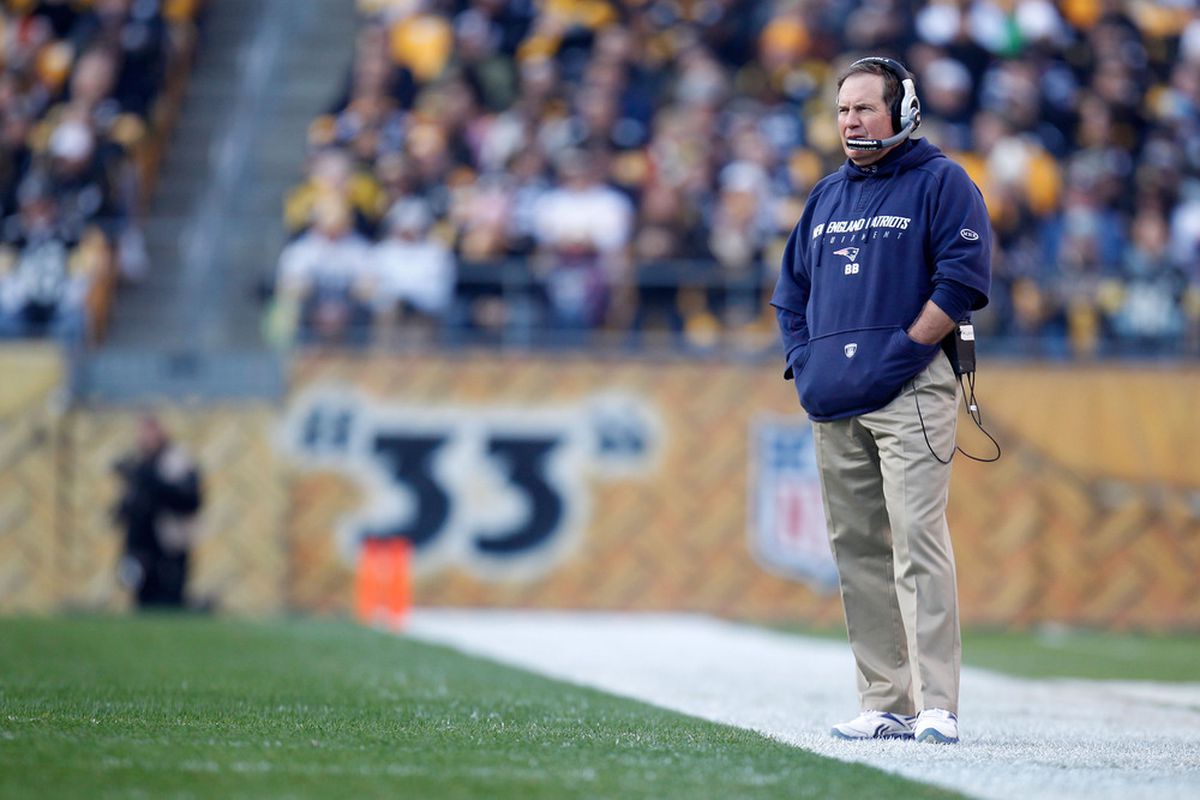 PITTSBURGH, PA - OCTOBER 30:  Head coach Bill Belichick of the New England Patriots looks on against the Pittsburgh Steelers at Heinz Field on October 30, 2011 in Pittsburgh, Pennsylvania.  (Photo by Gregory Shamus/Getty Images)
