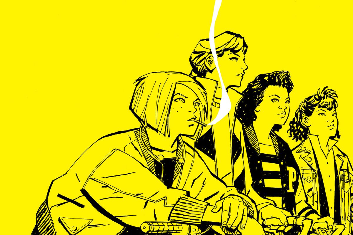 Mac, KJ, Tiffany, and Erin stand abreast in art from Paper Girls, Image Comics (2016). Mac is hunched over her bike handlebars, smoking a cigarette.