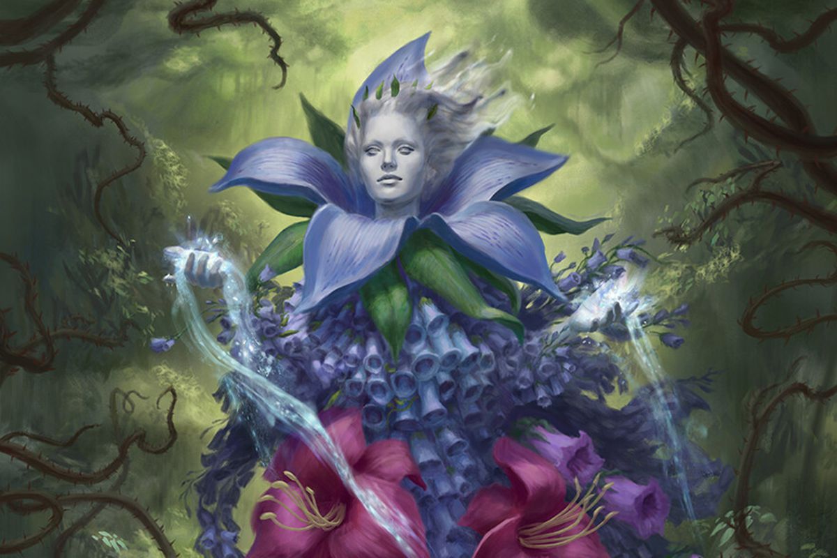 Art for Oona, Queen of the Fae shows a purple woman emerging from a giant flower on a green background. Blue mana spills from her hands like pollen.