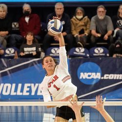 Utah’s Dani Drews hits the ball against UVU in an NCAA volleyball game at Smith Fieldhouse in Provo on Friday, Dec. 3, 2021.