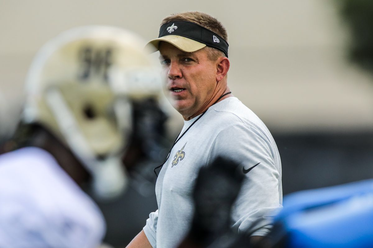 New Orleans Saints head coach Sean Payton looks on in drills during team minicamp on June 15, 2017 at New Orleans Saints Training Facility in Metairie, LA.