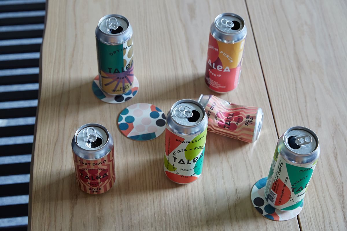 An assortment of colorful beer cans from Talea, a woman-owned brewery in Williamsburg, Brooklyn.