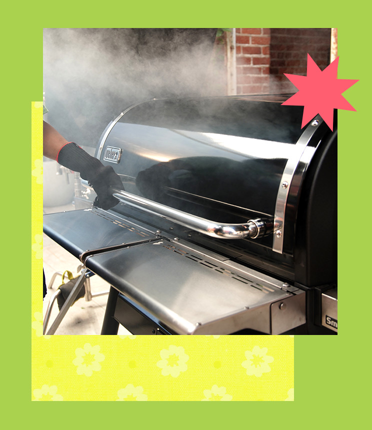 A gloved hand holds the front of a weber grill in a product collage. 