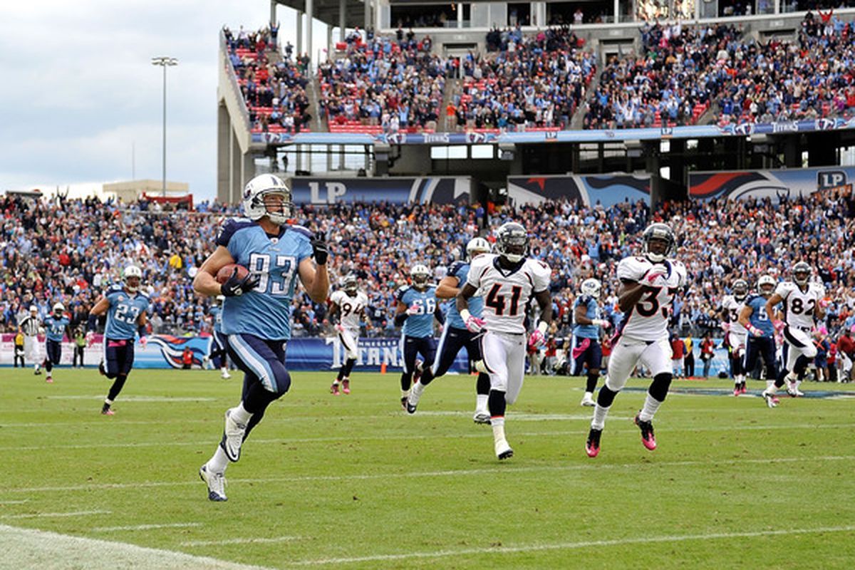 NASHVILLE TN - OCTOBER 03:  Marc Mariani #83 of the Tennessee Titans runs a kickoff back for a touchdown aganst the Denver Broncos at LP Field on October 3 2010 in Nashville Tennessee. Denver won 26-20.  (Photo by Grant Halverson/Getty Images)