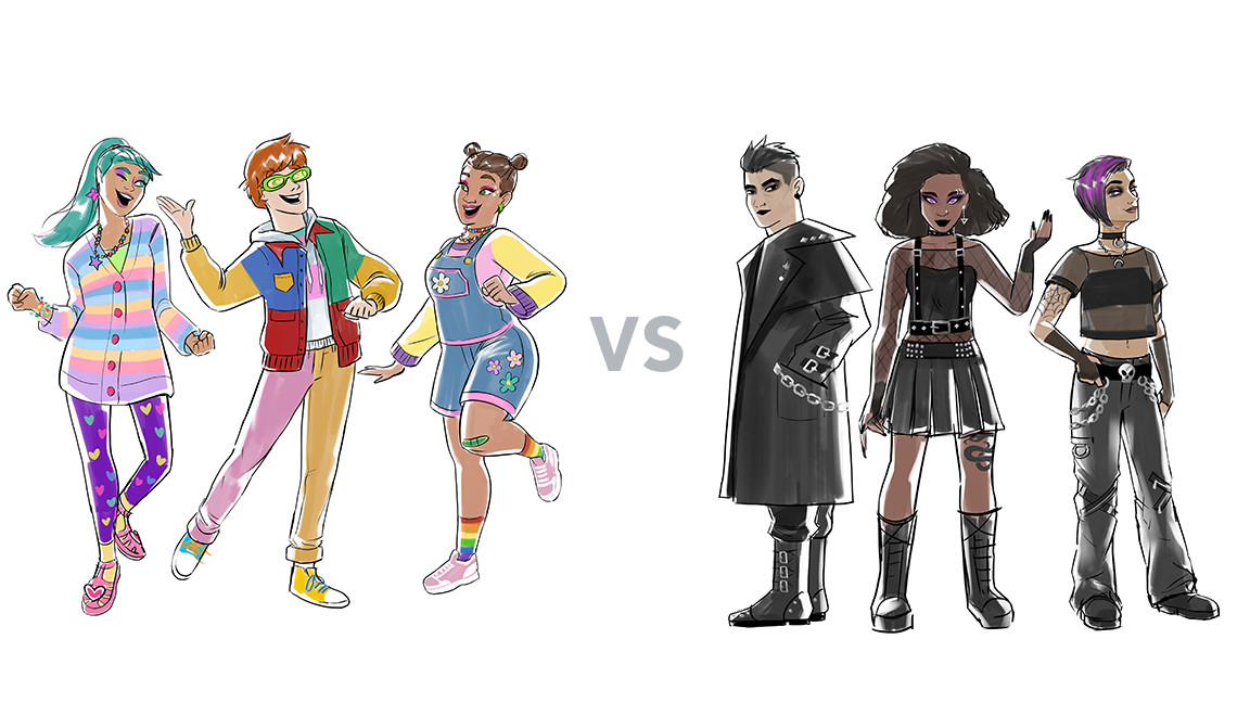 Concept art of two possible Sims packs. The one on the left shows three happy people in bright rainbow colors, while the one on the right shows three brooding Goths in black clothes. 