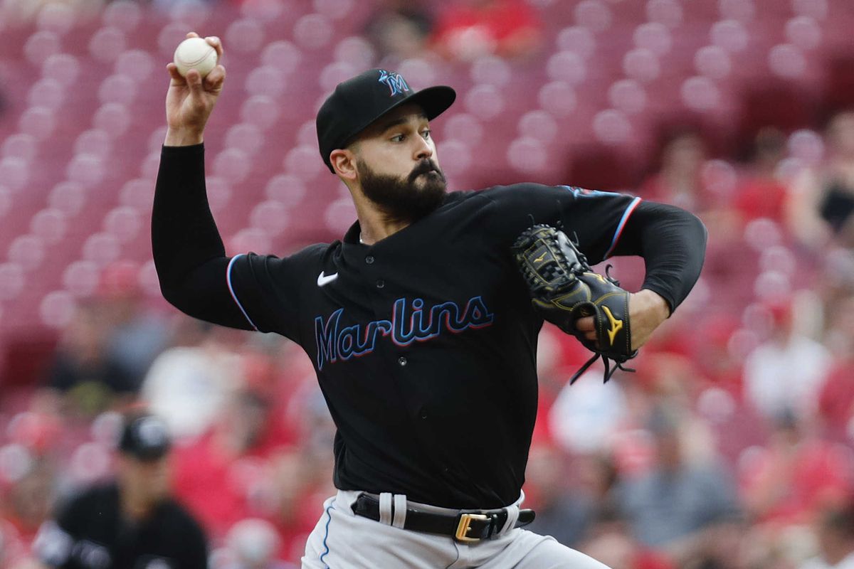 Miami Marlins starting pitcher Pablo Lopez (49) throws a pitch against the Cincinnati Reds during the first inning at Great American Ball Park.