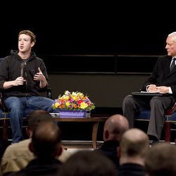 Mark Zuckerberg and Orrin Hatch talk about technology and policy at the Marriot Center at BYU on Friday, March 25, 2011. 