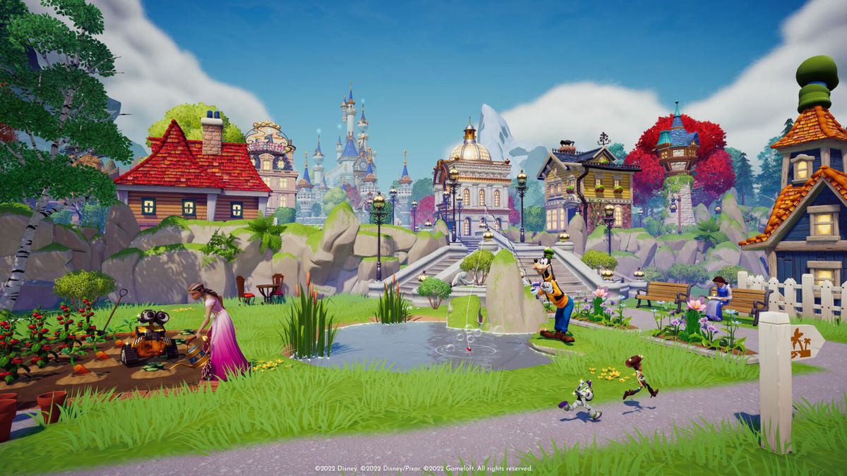 Disney Dreamlight Valley: los personajes de Disney y Pixar pasan el rato en un hermoso y verde pueblo del valle