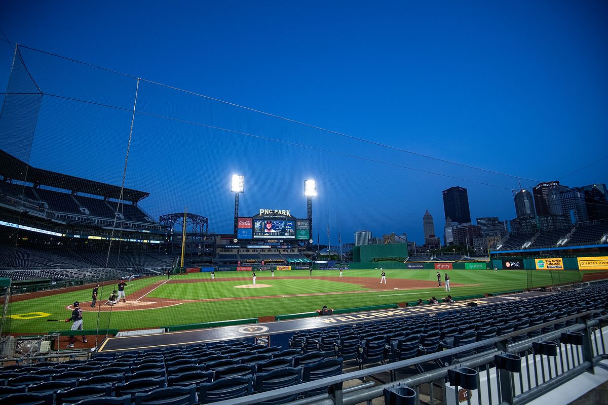 A general view of the field in the seventh inning of the exhibition game between the Pittsburgh Pirates and the Cleveland Indians at PNC Park on July 18, 2020 in Pittsburgh, Pennsylvania.